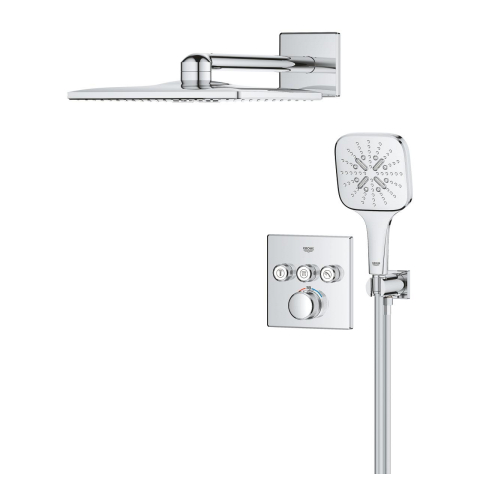 Sisteme de dus - Set sistem de dus Grohe Grohtherm Smartcontrol 310 Cube incastrat, termostat, montare pe perete, diverter 2 cai, corp instalare inclus, dus fix, crom