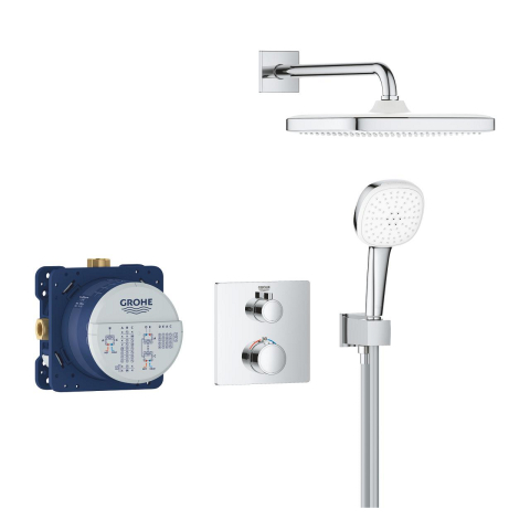 Set sistem de dus Grohe Grohtherm Tempesta 250 Cube, montare pe perete, incastrat, termostat, corp instalare inclus, dus fix, diverter cu 2 cai, crom [1]