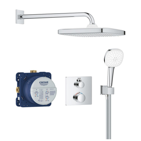 Sisteme de dus - Set sistem de dus Grohe Grohtherm Tempesta 250 Cube, montare pe perete, incastrat, termostat, corp instalare inclus, dus fix, diverter cu 2 cai, crom