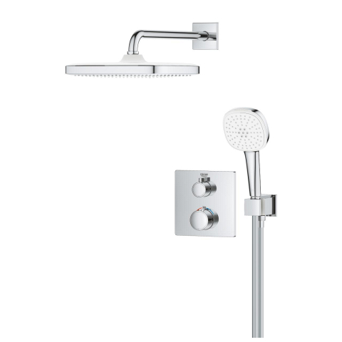 Set sistem de dus Grohe Grohtherm Tempesta 250 Cube, montare pe perete, incastrat, termostat, corp instalare inclus, dus fix, diverter cu 2 cai, crom [2]