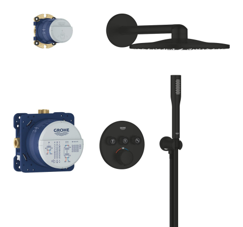 Set sistem de dus Grohe Precision smctr rd conc 3 functii shw 310, rotund, montare pe perete, incastrata, termostat, diverter 3 cai, corp instalare inclus, dus fix, 2 jeturi, negru mat [3]