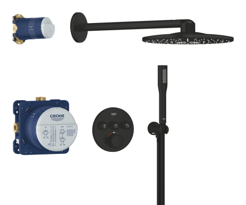 Set sistem de dus Grohe Precision smctr rd conc 3 functii shw 310, rotund, montare pe perete, incastrata, termostat, diverter 3 cai, corp instalare inclus, dus fix, 2 jeturi, negru mat [6]