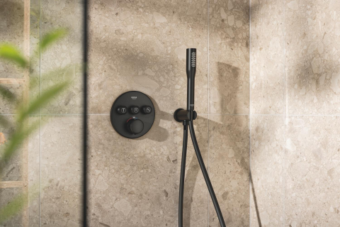 Set sistem de dus Grohe Precision smctr rd conc 3 functii shw 310, rotund, montare pe perete, incastrata, termostat, diverter 3 cai, corp instalare inclus, dus fix, 2 jeturi, negru mat [10]