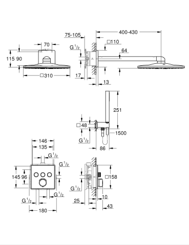Set sistem de dus Grohe Precision smctr sq conc 3 functii shw 310, patrata, montare pe perete, incastrata, termostat, diverter cu 3 cai, dus fix, 2 jeturi, negru mat [1]