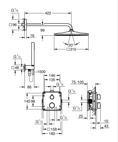 Set sistem de dus Grohe Precision 310, montare pe perete, incastrat, termostat, diverter, 2 functii, corp instalare inclus, crom [3]