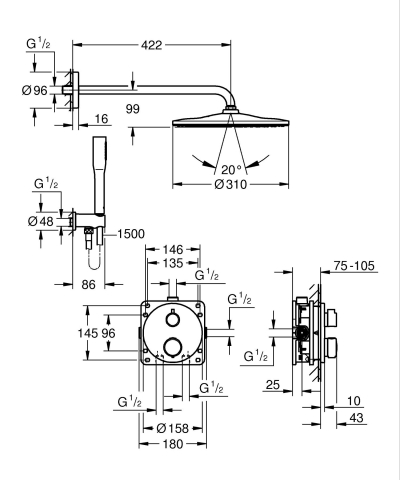 Set sistem de dus Grohe Rainshower rd conc 2 functii shw sistem 310, incastrata, termostat, 1 functie, diverter, negru mat [1]