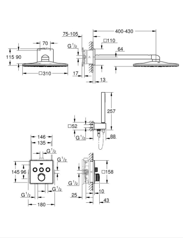 Set sistem de dus Grohe SmartControl incastrat, termostat, apasare si rotire, 2 pulverizari, para dus, anti-oparire, crom [1]