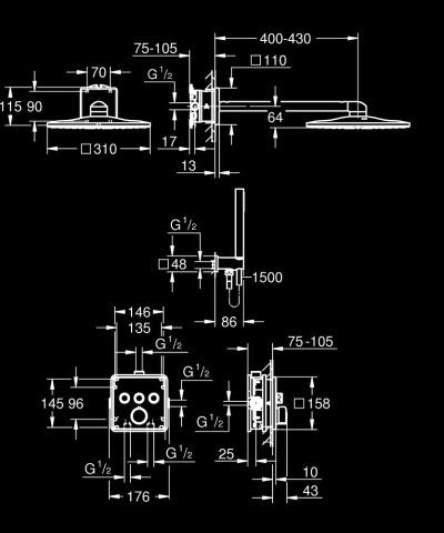 Set sistem de dus Grohe Smartcontrol 310, montare pe perete, incastrat, termostat, diverter 3 cai, corp instalare inclus, dus fix, crom [3]