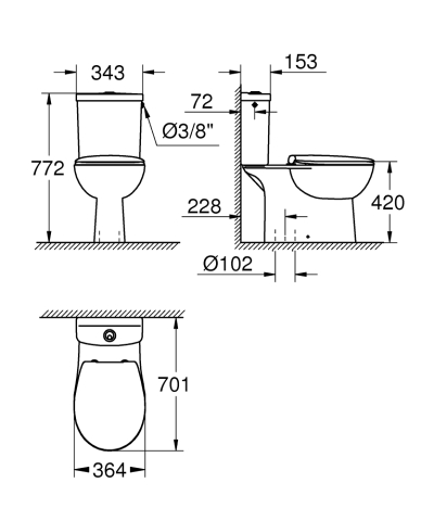 Set vas WC Grohe Bau ceram WC montare pe podea, evacuare verticala, clatire prin jet, rimless, set fixare, rezervor aparent, capac cu eliberare rapida, soft close, alb [1]
