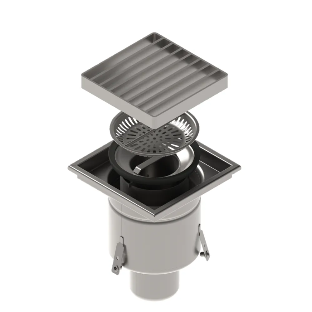 Instalatii de apa si canalizare - Sifon INOX STAINLESS 200x200 cu gratar fante iesire verticala DN110 M125 200x200x182 Vodaland gama Drain