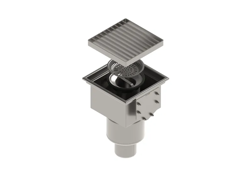 Tevi, fitinguri, robineti si accesorii - Sifon canalizare din INOX STAINLESS 300x300 pentru rigola modulara LN100, iesire verticala DN110 cu gratar tip fante M125 - Vodaland gama Drain