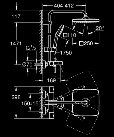 Sisteme de dus - Sistem de cada Grohe Vitalio Comfort 250 termostat, 250 mm, 2 pulverizari, diverter cada, anti-calcar, crom