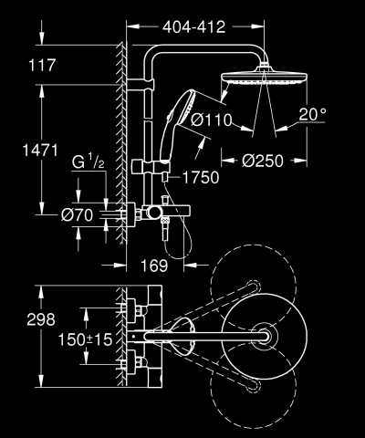 Sisteme de dus - Sistem de cada Grohe Vitalio Start 250 aparent. termostat, diverter, crom