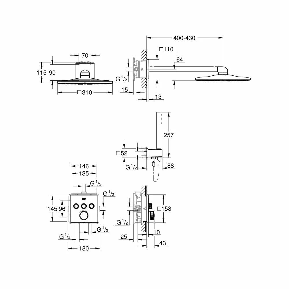 Sistem de dus cu termostat incastrat Grohe Grohtherm Smartcontrol Rainshower SmartActive 310 Cube [1]