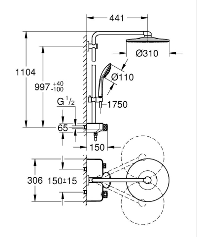 Sistem de dus Grohe Euphoria SmartControl 310, termostat, 310 mm, aparent, butoane apasare si rotire, anti-oparire, anti-calcar, ajustabil, cupru mat [2]