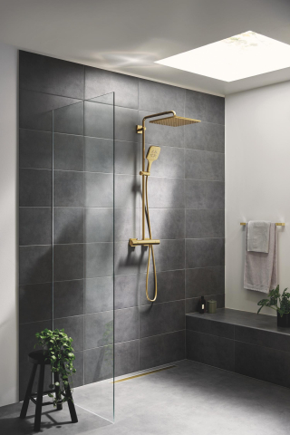 Sistem de dus Grohe Rainshower 310 Cube shower syst. 9, 5, aparent, termostat, ajustabil, furtun de dus, para de dus, cartus ceramic, auriu lucios [6]