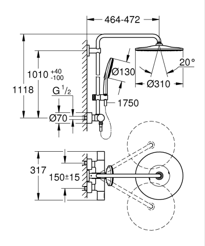 Sistem de dus Grohe Rainshower 310 9, 5 l, aparent, termostat, ajustabil, furtun de dus, para de dus, cartus ceramic, cupru lucios [1]