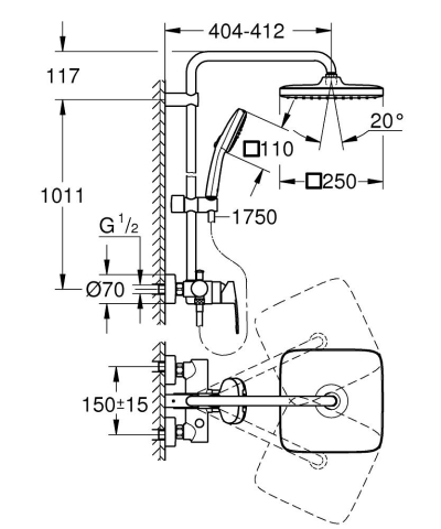 Sistem de dus Grohe Tempesta System Cube 250 bara ajustabila 390 mm, dus fix, para de dus, crom [5]