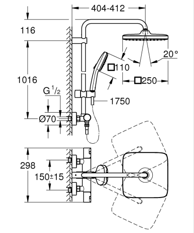 Sistem de dus Grohe Vitalio 250 Cube, aparent, termostat, cartus ceramic, 1 jet, diverter, negru [1]