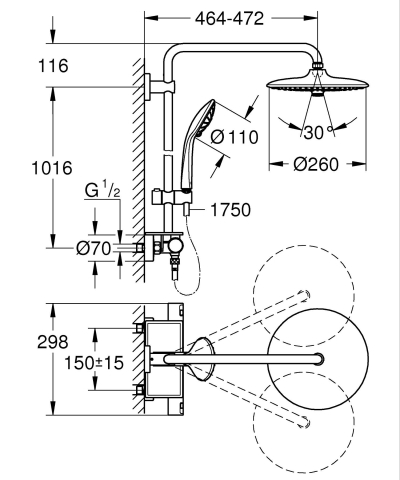 Sistem de dus Grohe Vitalio Joy 260 baterie cu termostat, montare pe perete, ajustabil, crom [1]