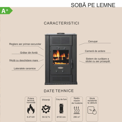 Soba lemne Termax Ambra cu panouri laterale maro 9,47 kW [2]