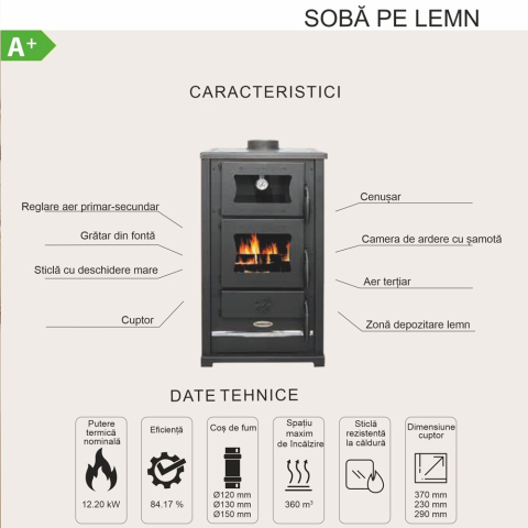 Soba pe lemne Termax Bucovina maro 12,2 kW cu cuptor integrat [7]