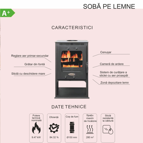 Soba lemne Termax Elan neagra cu compartiment lemne 9,47 kW [3]