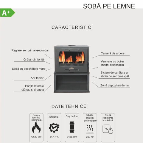 Soba pe lemn Termax Ilinca neagra cu ferestre laterale 12,2 kW [3]