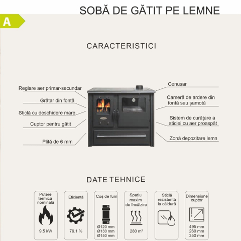 Soba bucatarie pe lemne Termax Rustik bej focar din fonta 9,5 kW [6]
