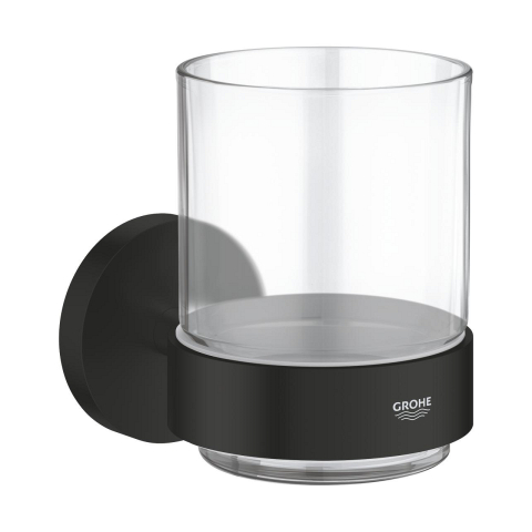 Accesorii baie - Suport pahar Grohe Essentials, montare pe perete, cu pahar, fixare ascunsa, metal/sticla, negru