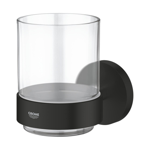 Suport pahar Grohe Essentials, montare pe perete, cu pahar, fixare ascunsa, metal/sticla, negru [1]
