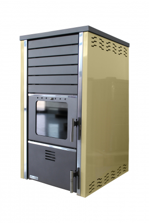 Termoseminee pe peleti/lemn - Termosemineu pe lemn, carbune si bricheti, Fornello, model Supernova 38 kW, crem, plita de gatit, pompa de circulatie si manometru