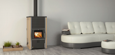 Termosemineu pe lemn, carbune si bricheti, Fornello, model Supernova 38 kW, crem, plita de gatit, pompa de circulatie si manometru [9]