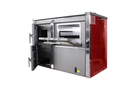 Termosemineu pe lemn, carbune si bricheti, Fornello, model Star Red 34 kW, rosu, plita de gatit, pompa de circulatie si manometru [1]