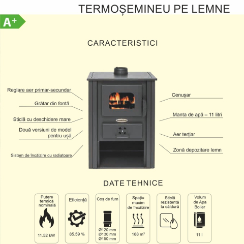 Semineu cu apa pe lemne Termax Decebal bordo 11,52 kW [5]