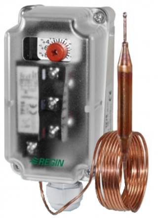 Termostate aplicatii industriale - Termostat anti-ingheţ Regin, rearmare manuala capilar 18m cu bulb IP65 capacitate comutare 15(8)A/24250Vca reglare -10+10°C cu 6 suporti de montaj capilar