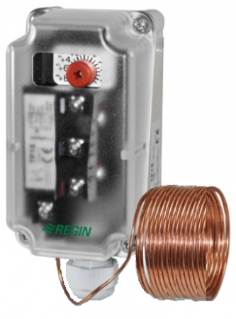 Termostate aplicatii industriale - Termostat anti-ingheţ Regin, rearmare manuala capilar 6m IP65 capacitate comutare 15(8)A/24250Vca reglare -10+10°C cu 6 suporti de montaj capilar