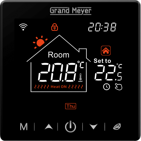 Incalzire electrica prin pardoseala - Termostat Wi-Fi programabil cu carcasa din sticla Grand Meyer SN-20 16 A negru