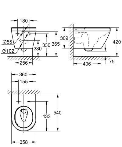 Vas WC Grohe Euro Ceramic WC rimless, suspendat, pentru rezervor incastrat, triple vortex, evacuare orizontala, capac WC, soft close, Pure guard, alb [2]