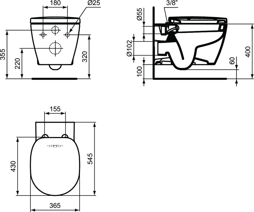 Vas WC suspendat cu functie de bideu 365 x 545 mm Ideal Standard gama Connect [1]