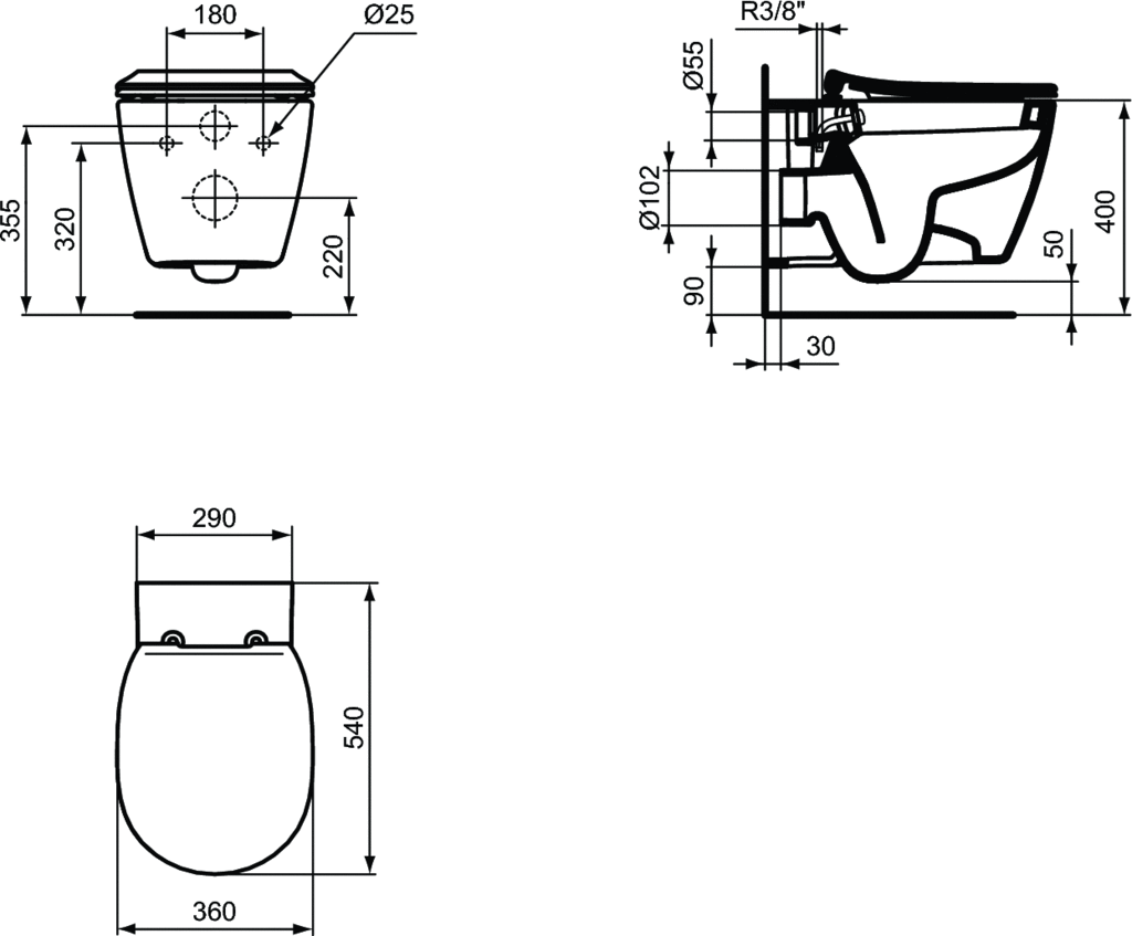 Vas WC suspendat cu fixare complet ascunsa si functie de bideu 360 x 540 mm Ideal Standard gama Connect [2]