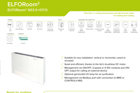 Ventiloconvector tip carcasat vertical / orizontal, 1.02 kW / 0.91 kW, model cu 2 tevi, posibilitate conectare termostat 0-10V, Clivet Elforoom2 [1]