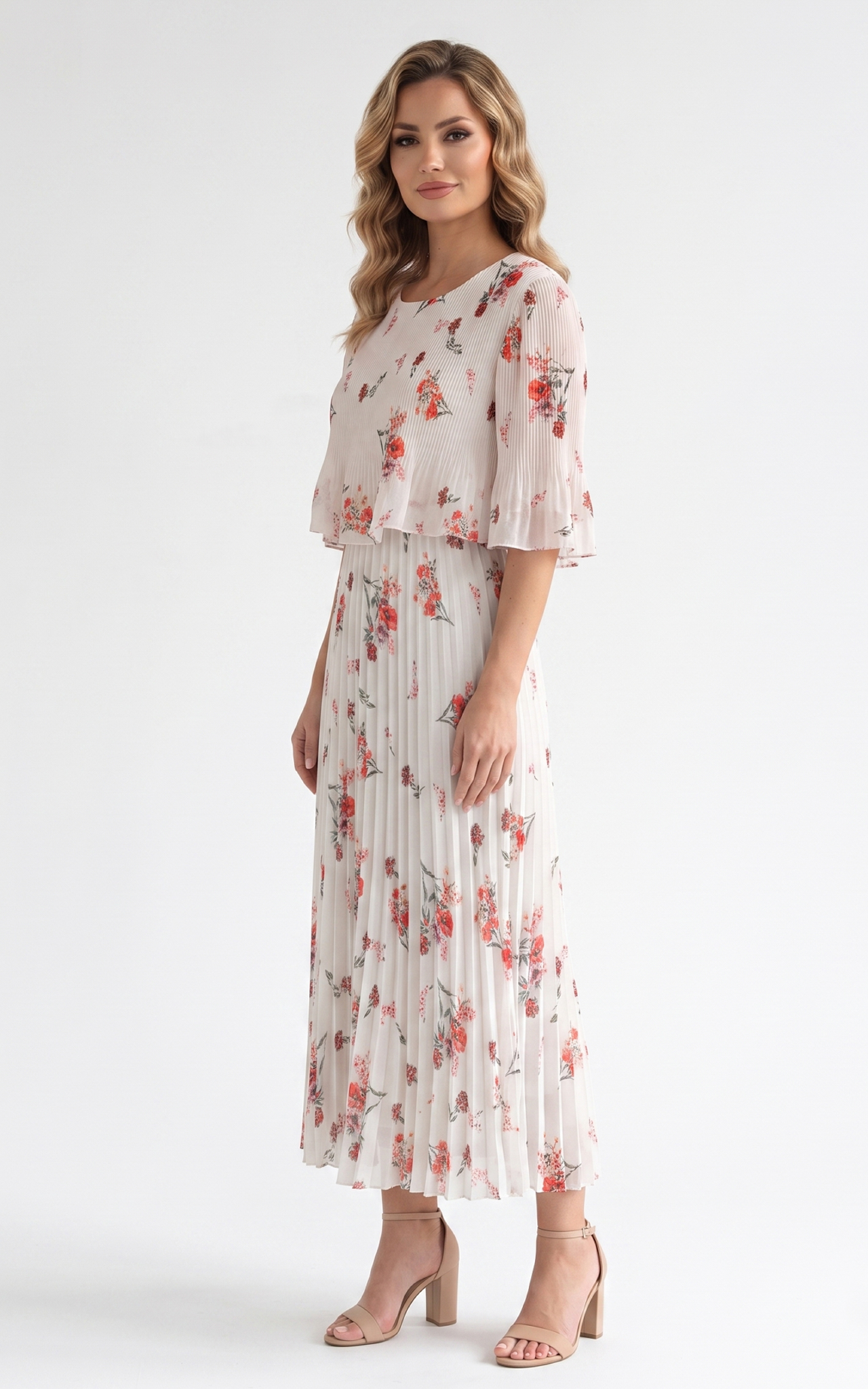 Rochie de vara, din voal vaporos cu elastic in talie Ginny midi flori rosii [2]