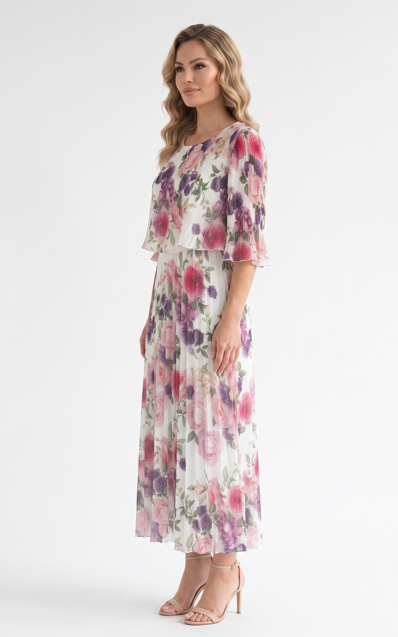 Rochie de vara, din voal vaporos cu elastic in talie Ginny midi alb cu trandafiri [2]