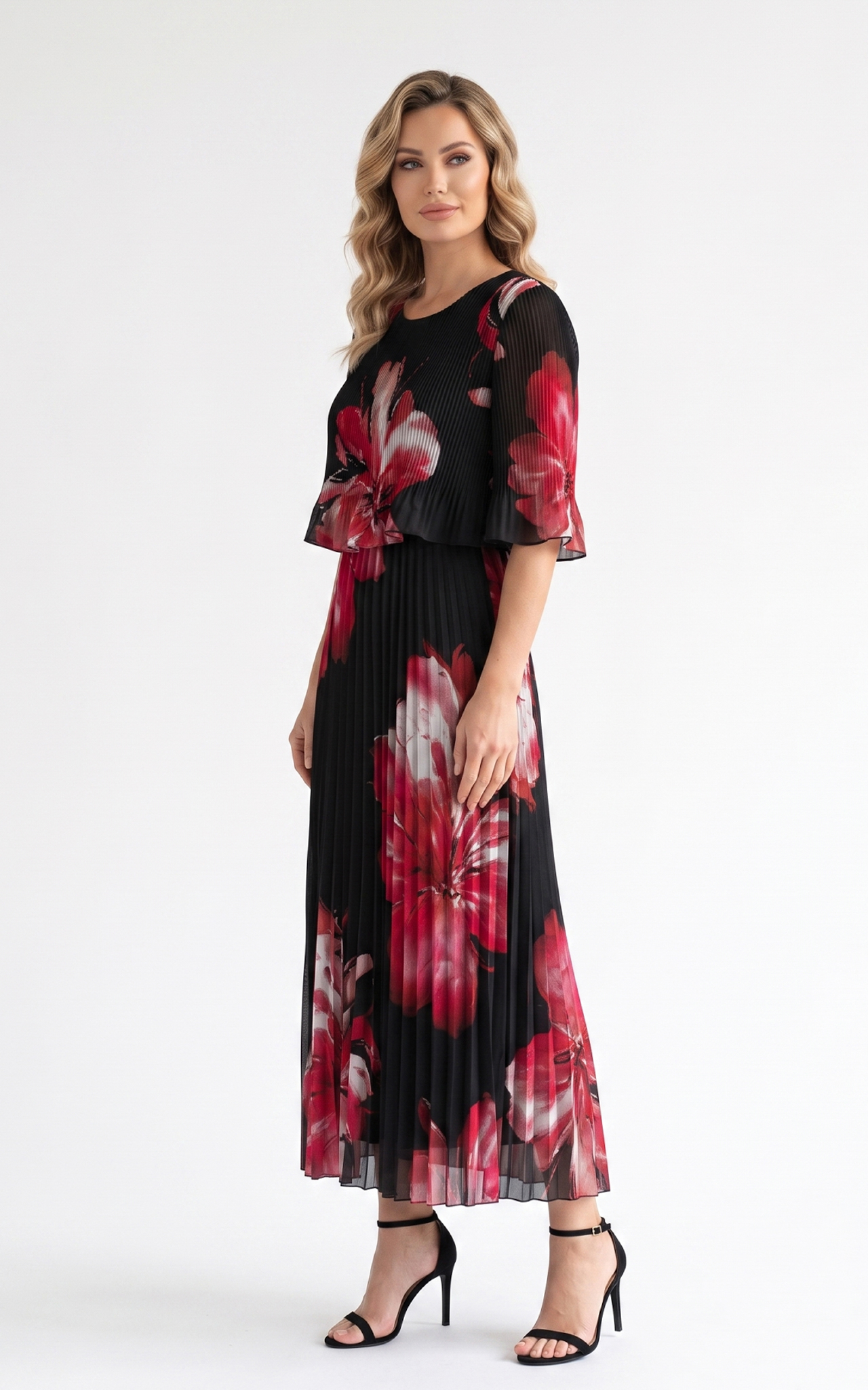Rochie de vara, din voal vaporos cu elastic in talie Ginny midi negru hibiscus [2]