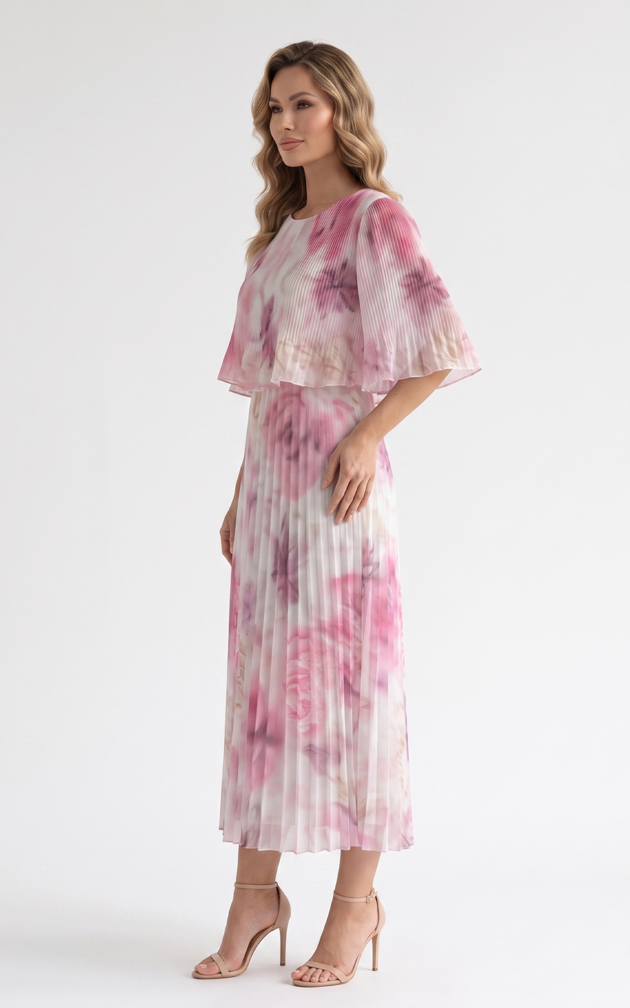 Rochie de vara, din voal vaporos cu elastic in talie Ginny midi roz pastel [2]