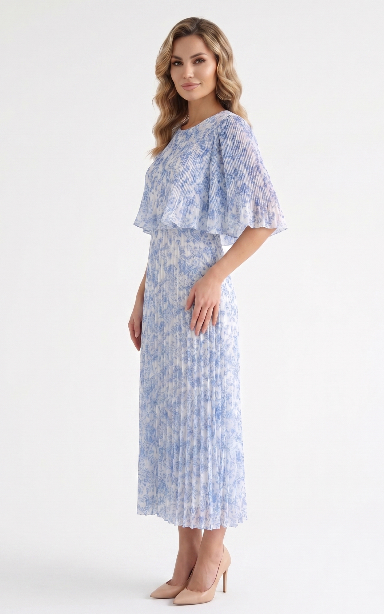 Rochie de vara, din voal vaporos cu elastic in talie Ginny midi floricele albastre [2]