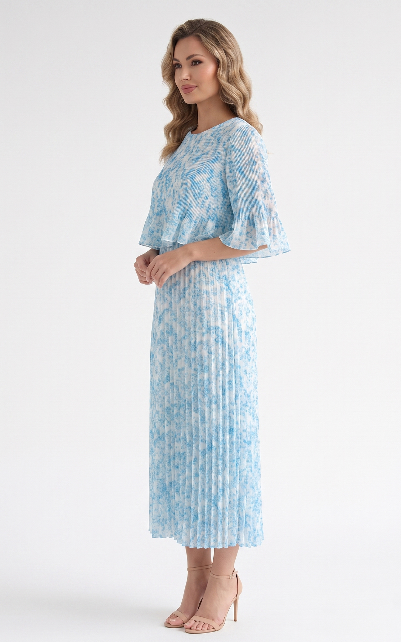 Rochie de vara, din voal vaporos cu elastic in talie Ginny midi floricele bleu [2]