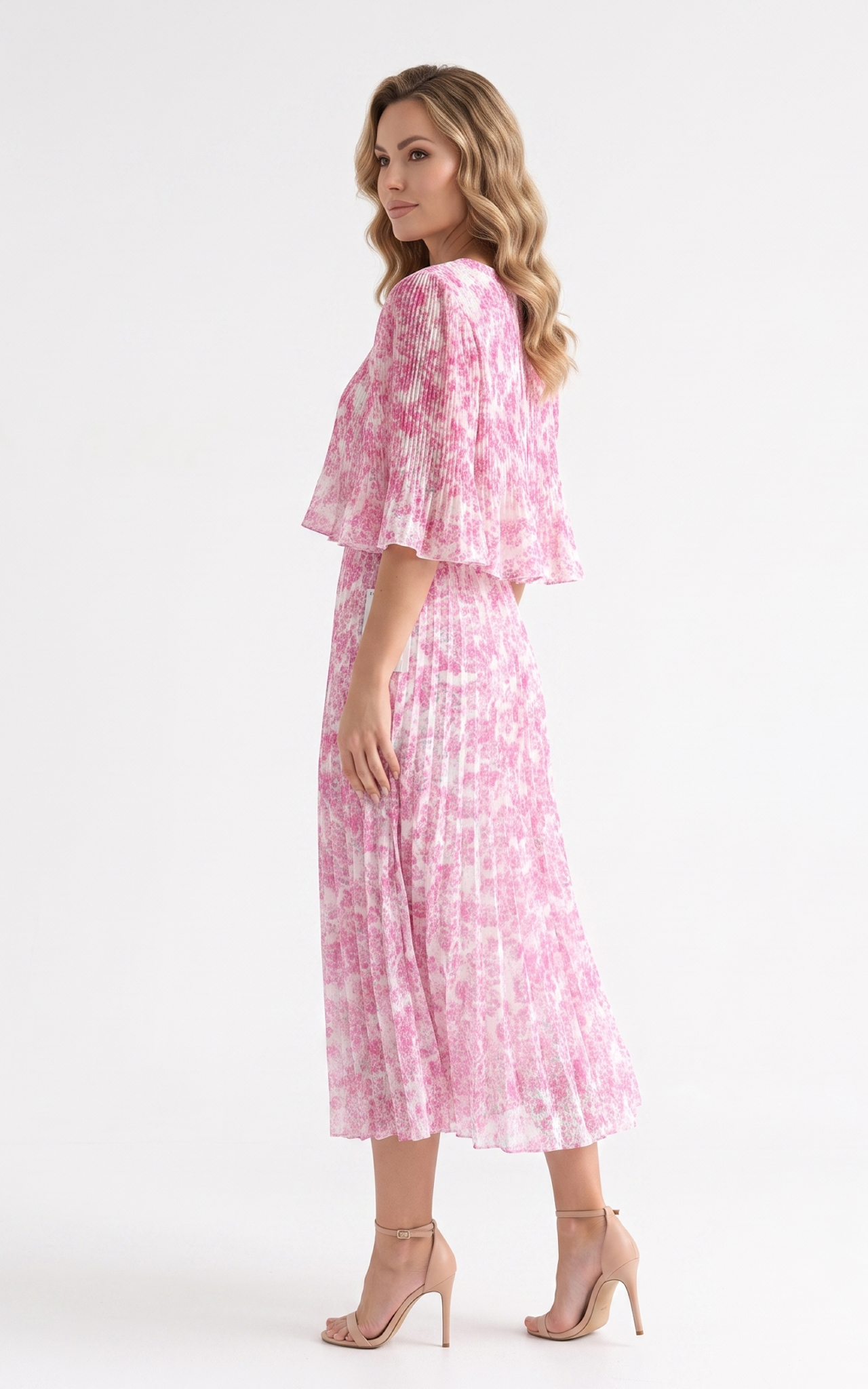 Rochie de vara, din voal vaporos cu elastic in talie Ginny midi floricele roz [3]