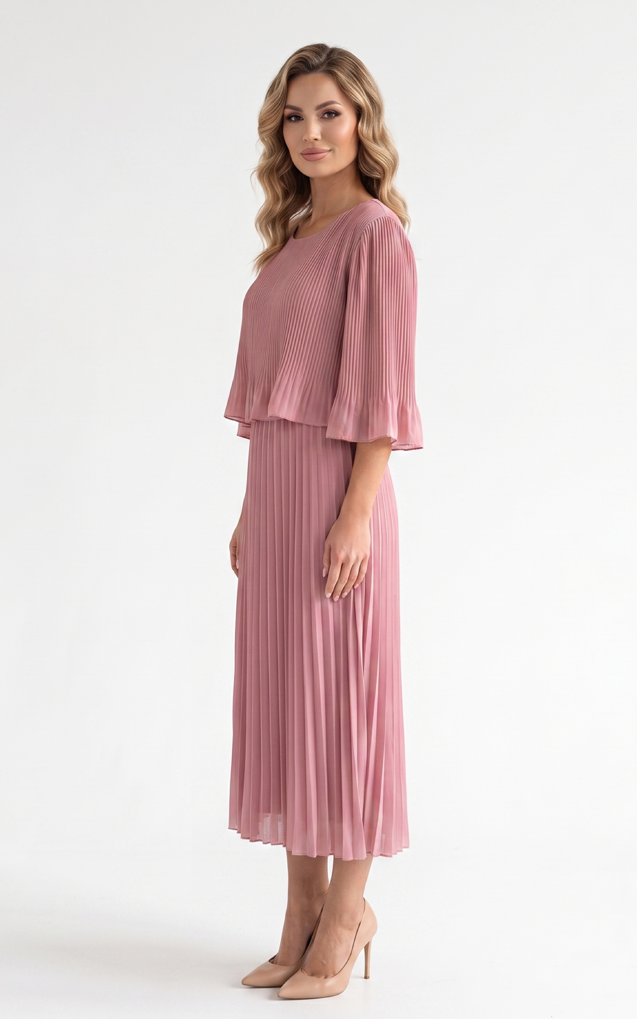 Rochie de vara, din voal vaporos cu elastic in talie Ginny midi pudra-uni [3]
